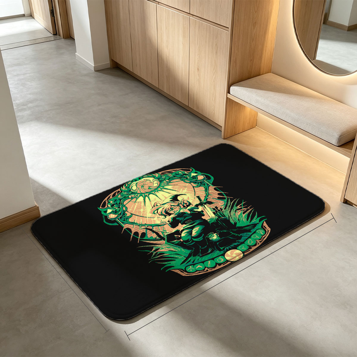 Link from The Legend of Zelda, wielding sword and shield, framed by ornate green design with Triforce symbols - Flannel floor mat