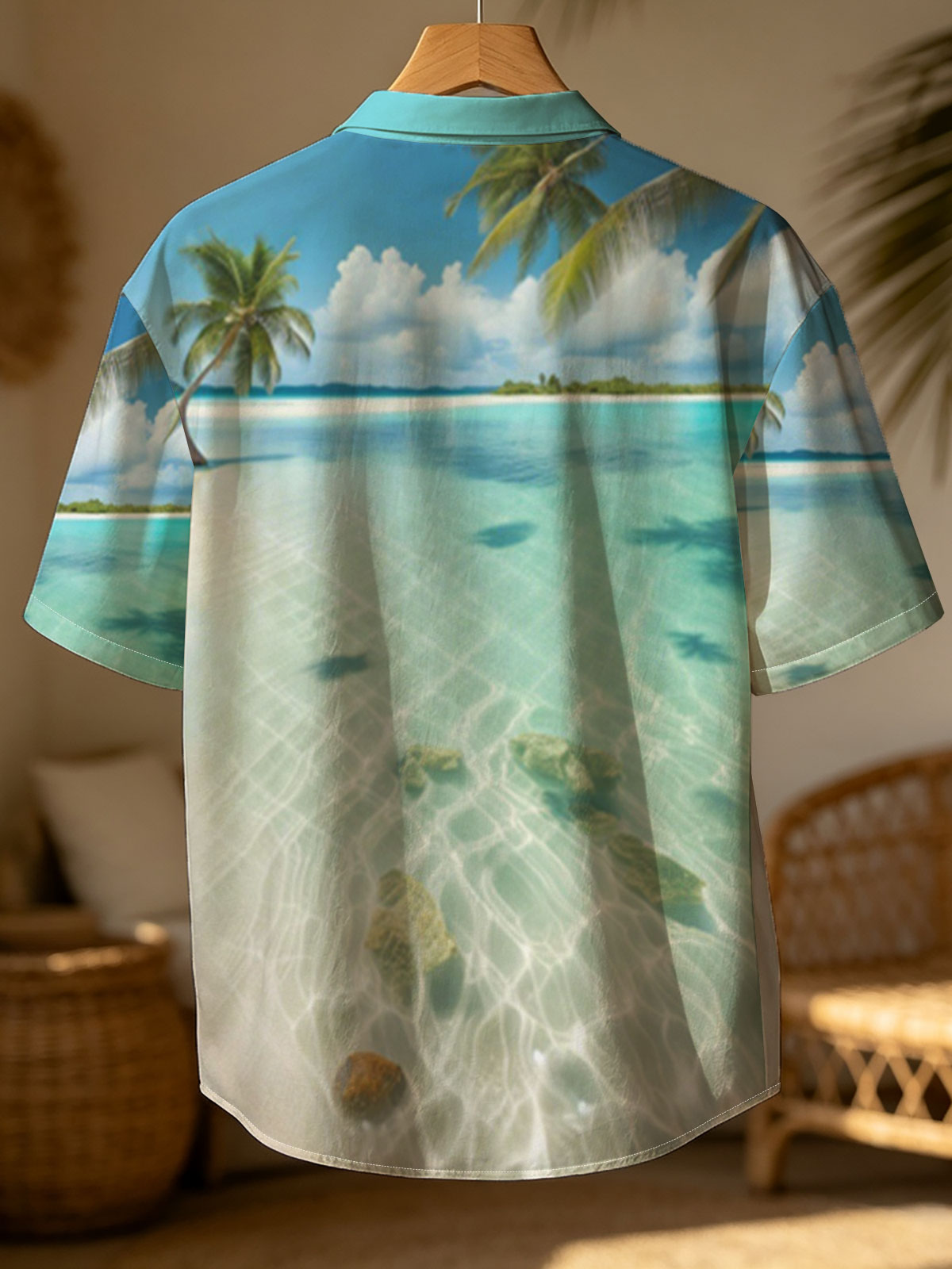 Serene tropical beach with crystal clear water and palm trees -  Shirt
