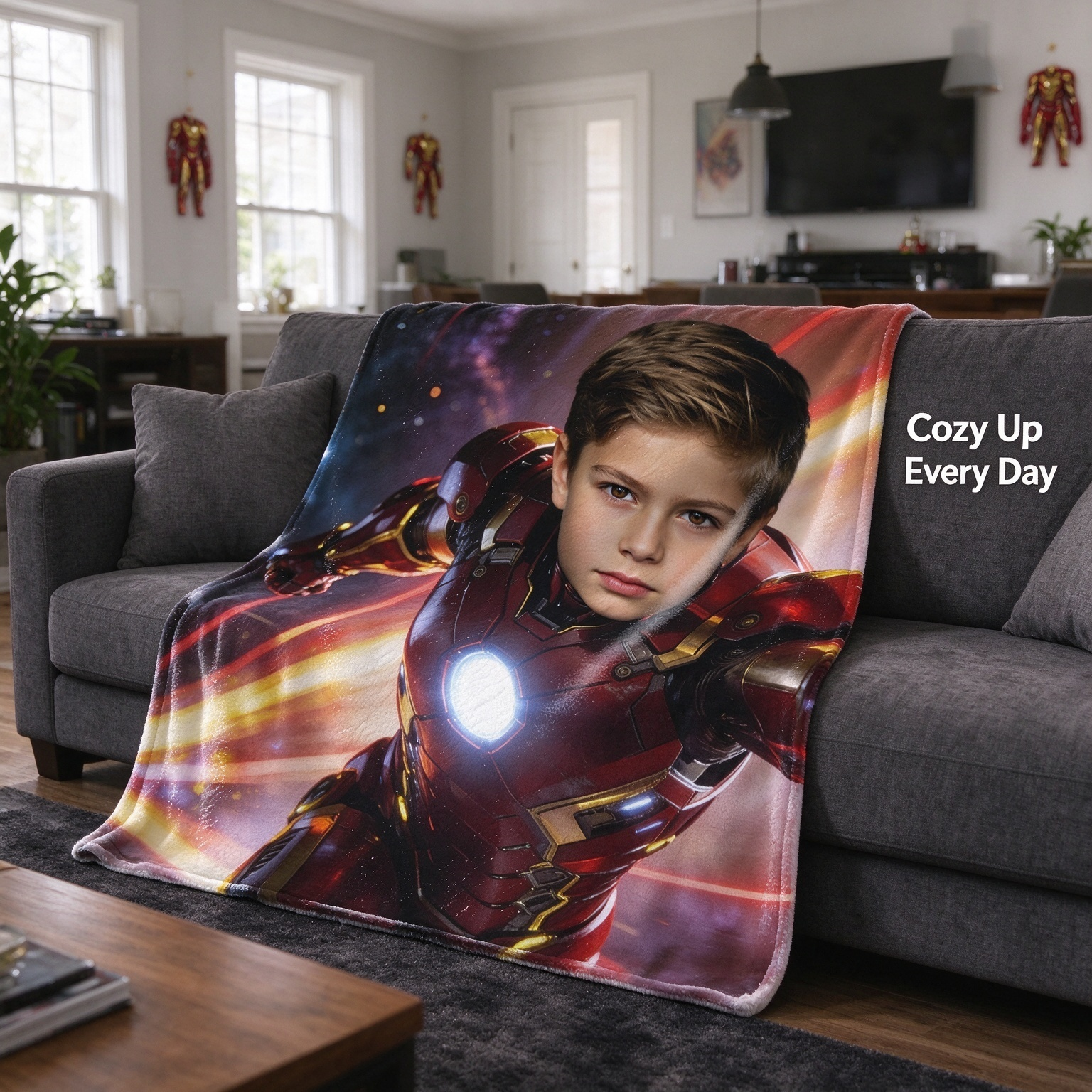 Custom Photo Superhero Face Blanket Personalized Ultra Soft Flannel Fleece Throw for Kids Boys Cozy Birthday Gift