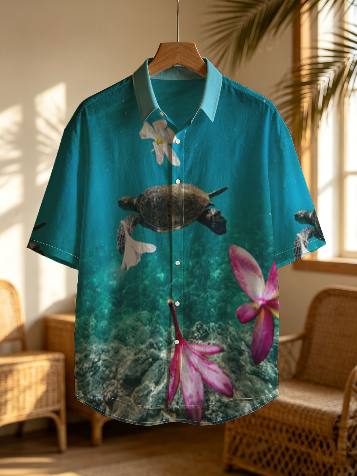 Sea Turtle Swimming Among Floating Flowers Underwater -  Shirt