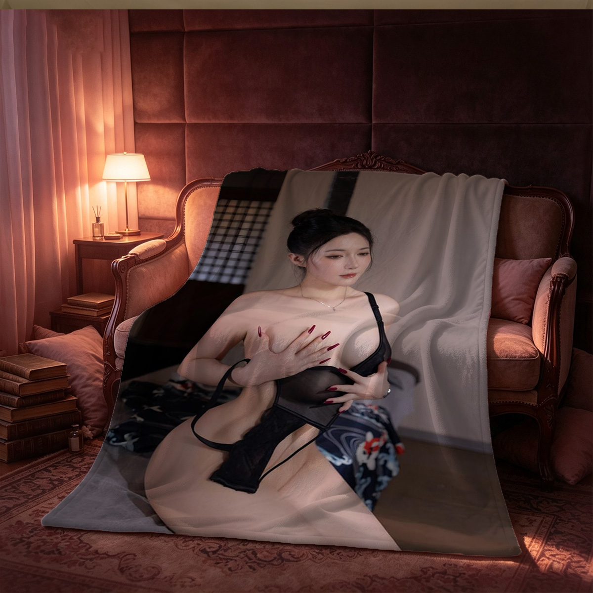Nude woman in black lace skirt and heels on vintage sofa - Blanket