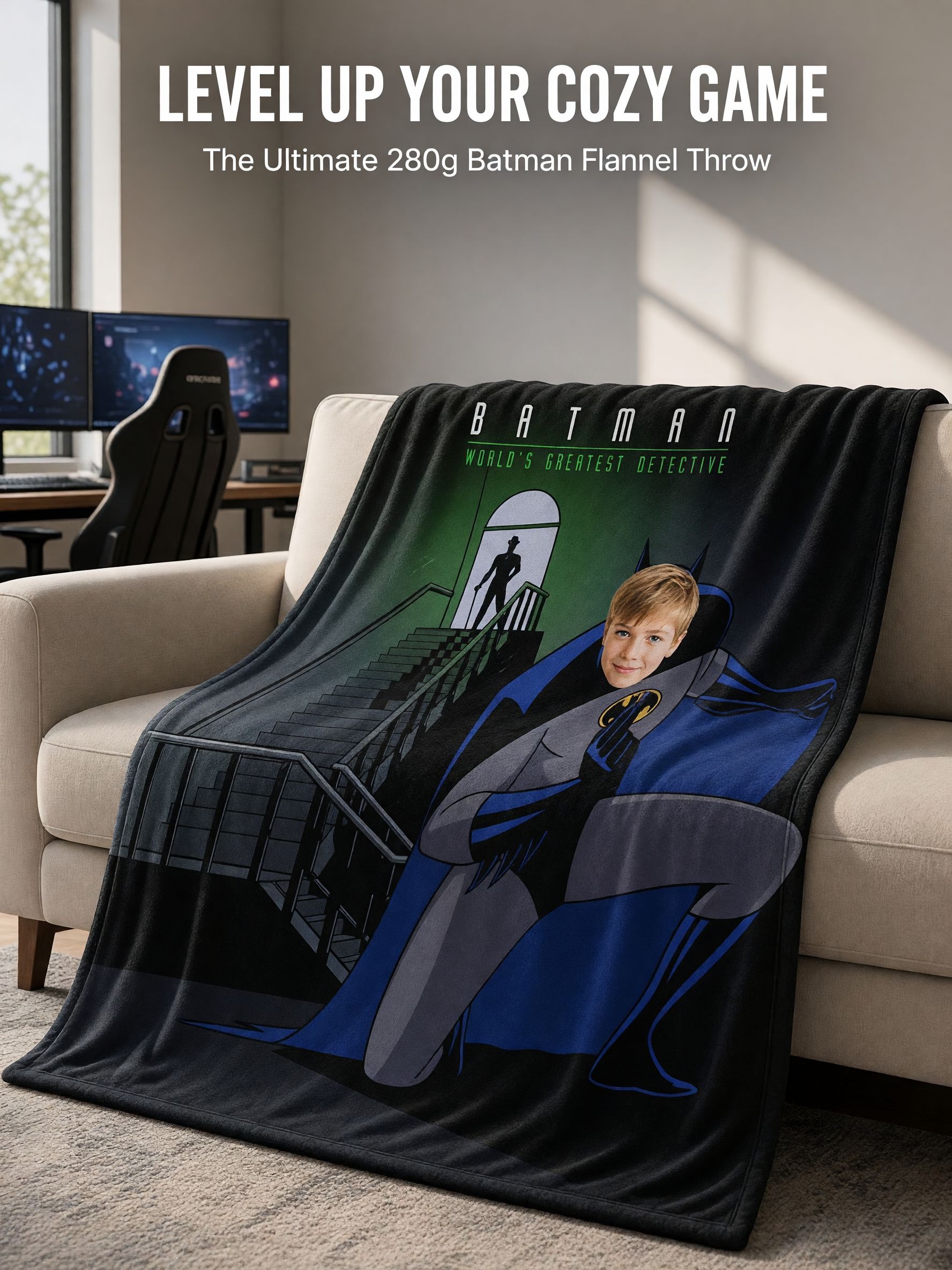 Custom Photo Face Superhero Detective Throw Blanket Personalized Ultra Soft Flannel Fleece Bed Couch Keepsake Gift