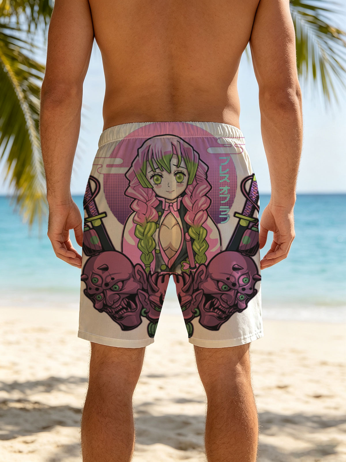 Nezuko Kamado from Demon Slayer with Pink Hair and Green Eyes, Surrounded by Skulls and Swords -  Beach shorts