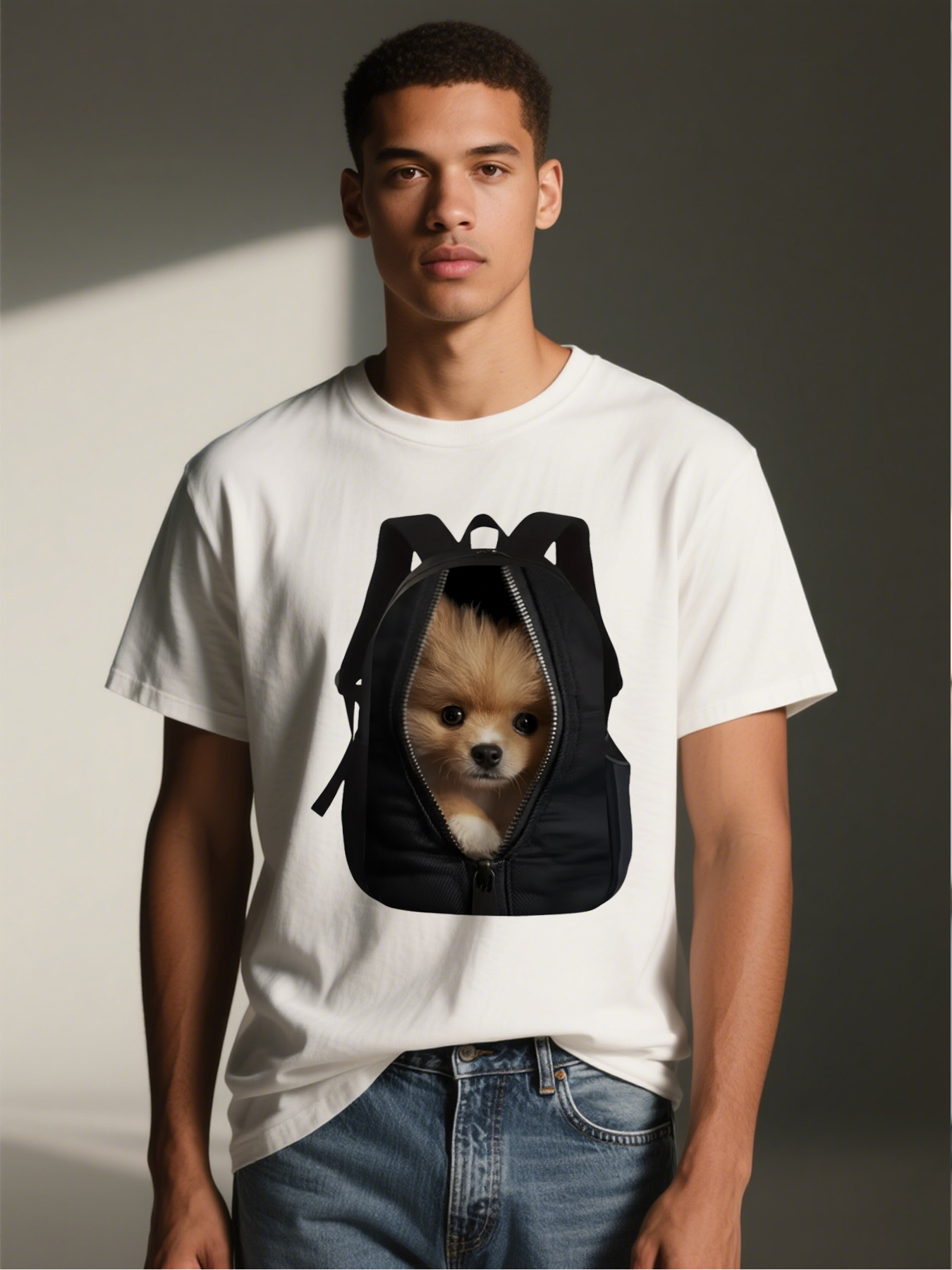 Men's Printed T-Shirt Dog in Backpack Design Casual Round Neck Summer Lightweight Breathable Short Sleeve T-Shirt for Outdoor Travel and Daily Wear Adults