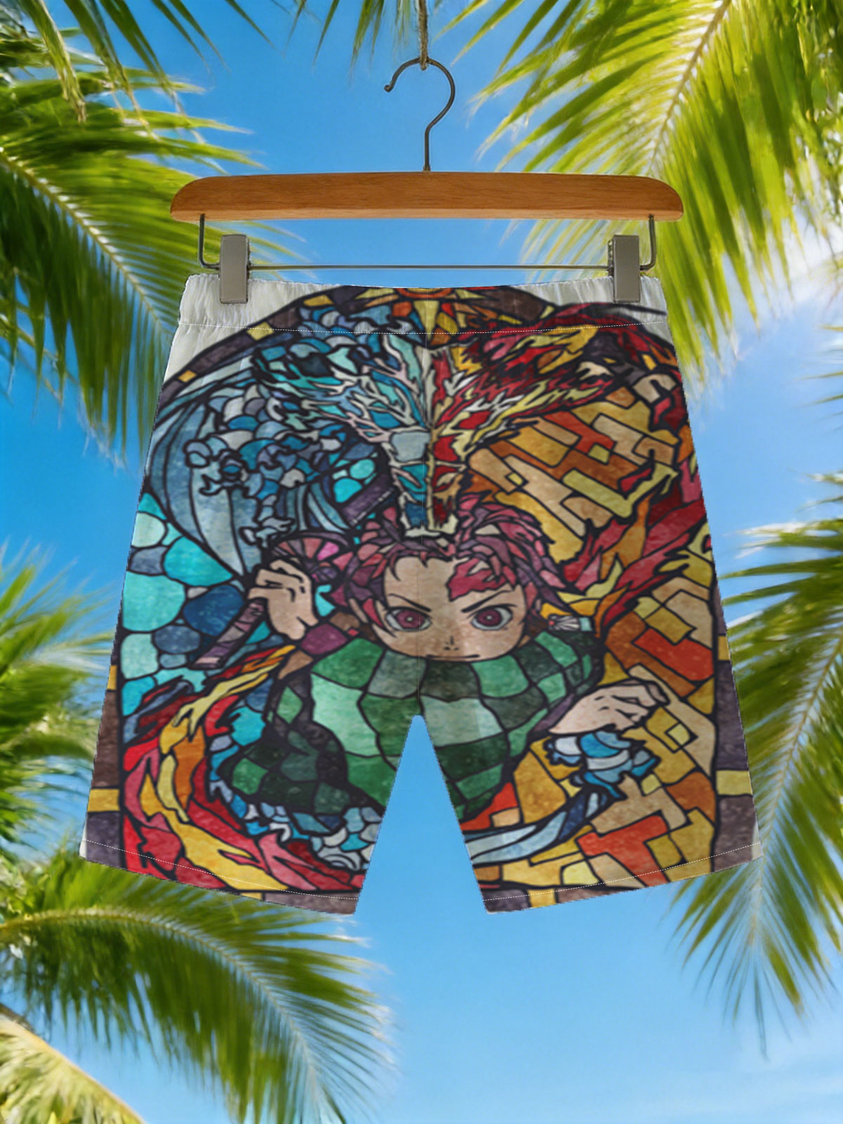 Demon Slayer Tanjiro Kamado Stained Glass Art -  Beach shorts