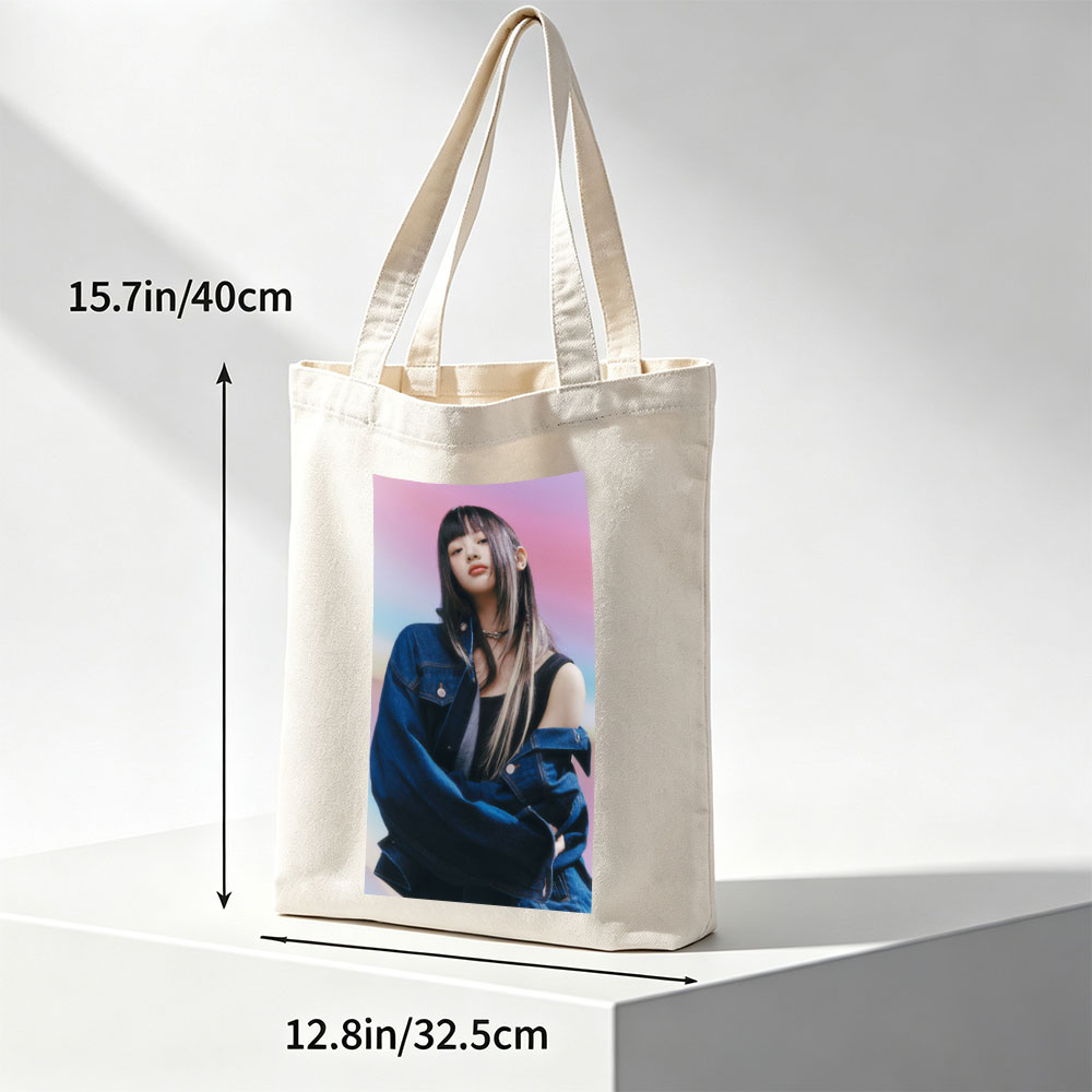 Hanni from NewJeans in a Stylish Denim Look Against a Vibrant Gradient Background - Canvas tote bags