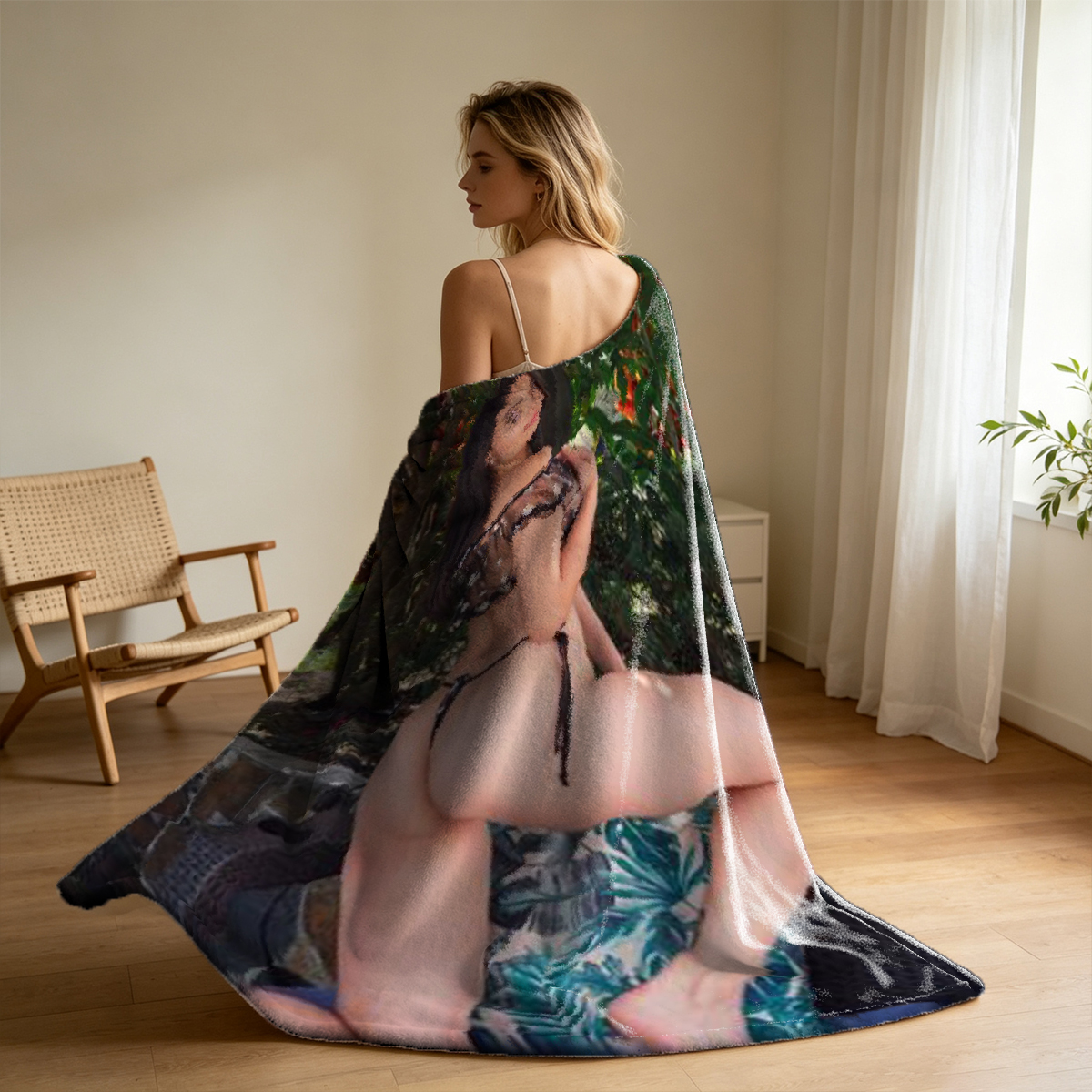 A young woman in green lace lingerie sitting on a bed by the window. - Blanket