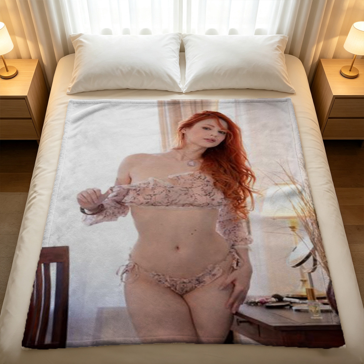 Lee Hee in black micro bikini sitting on tiled floor. - Blanket