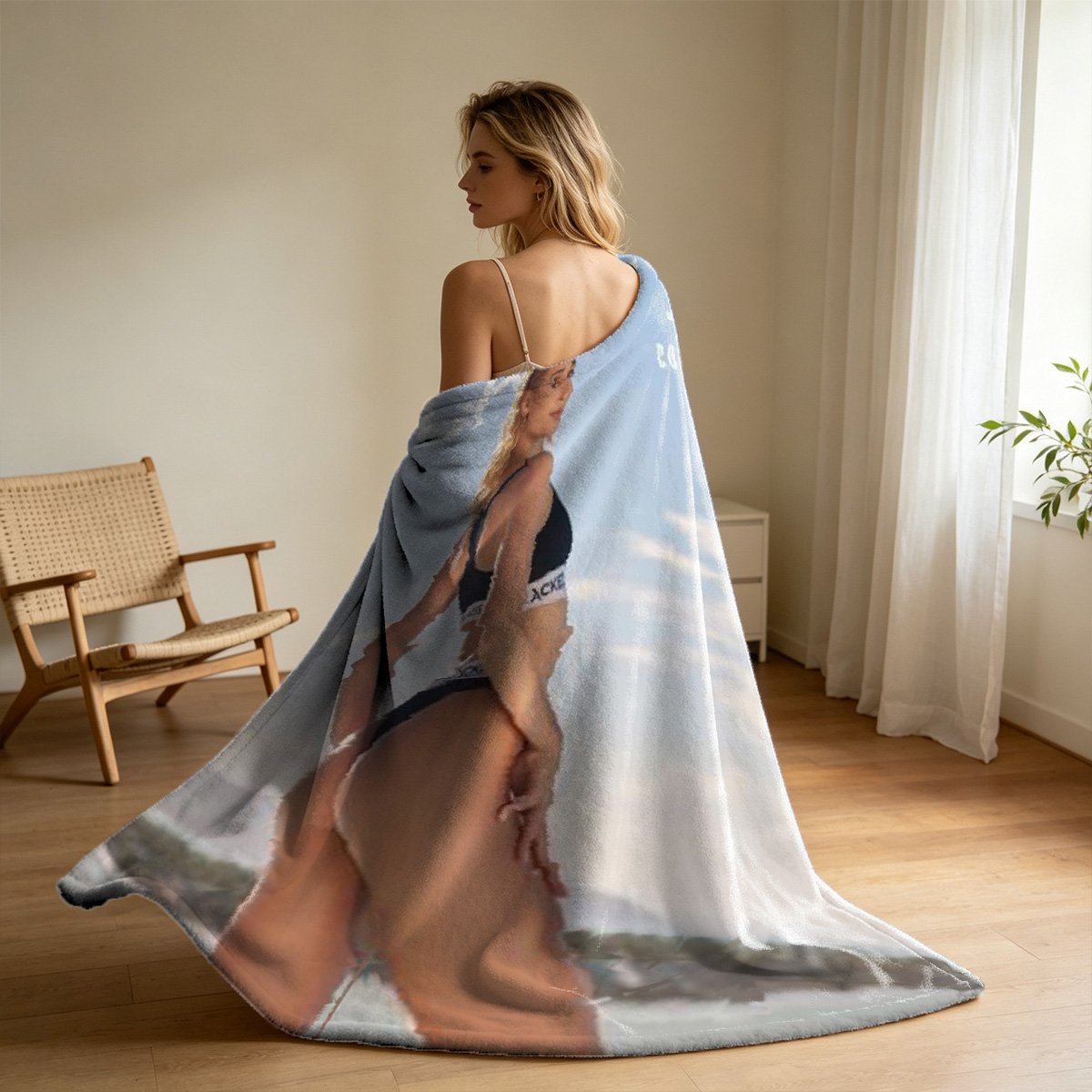 A nude woman with wet skin standing in a tropical jungle. - Blanket