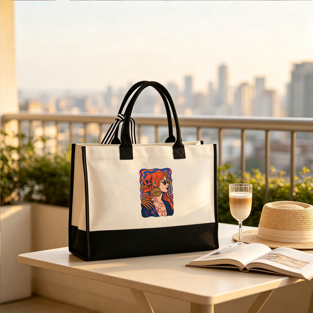 Going to California: Skeleton and Redhead with Psychedelic Vibes - Canvas patchwork gift tote bag