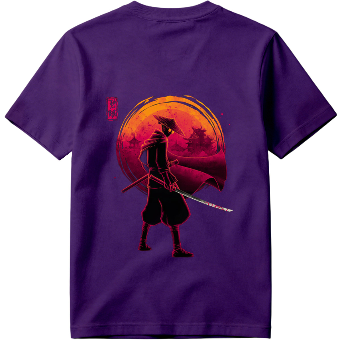 Samurai Warrior with Bloodied Sword Against Crimson Moon - Tee
