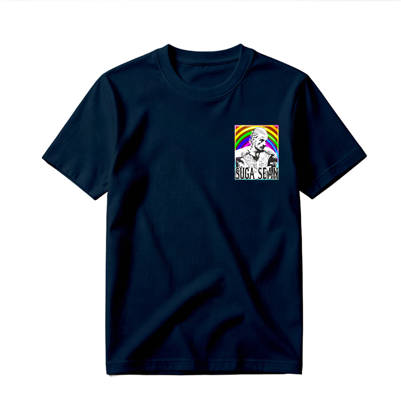 Suga Sean: Tattooed Man with Wings Against Rainbow Background - Tee