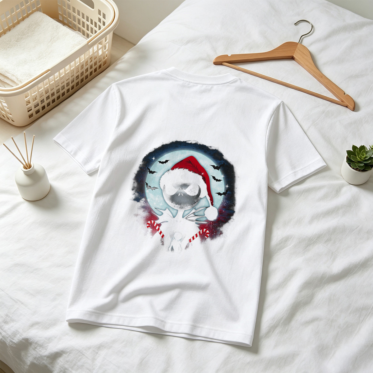 Jack Skellington in Santa Hat with Candy Canes Against Moonlit Sky - Tee