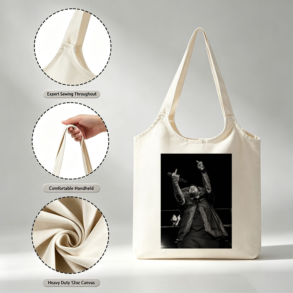 Luke Combs Performing on Stage with Tattooed Arms Raised in Black and White Photo - Canvas shoulder bags/