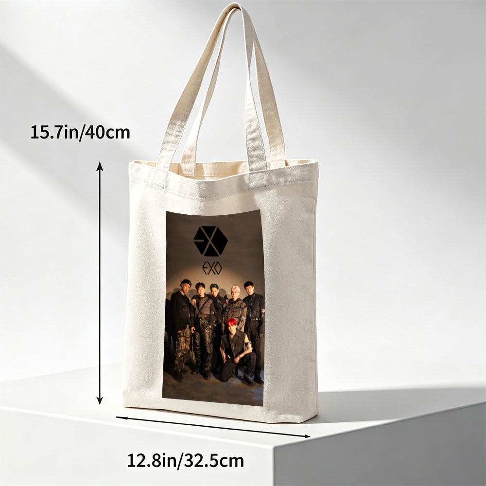 EXO Group Photo - Members in Edgy Black Outfits Posed Against Dark Background with Logo - Canvas tote bags
