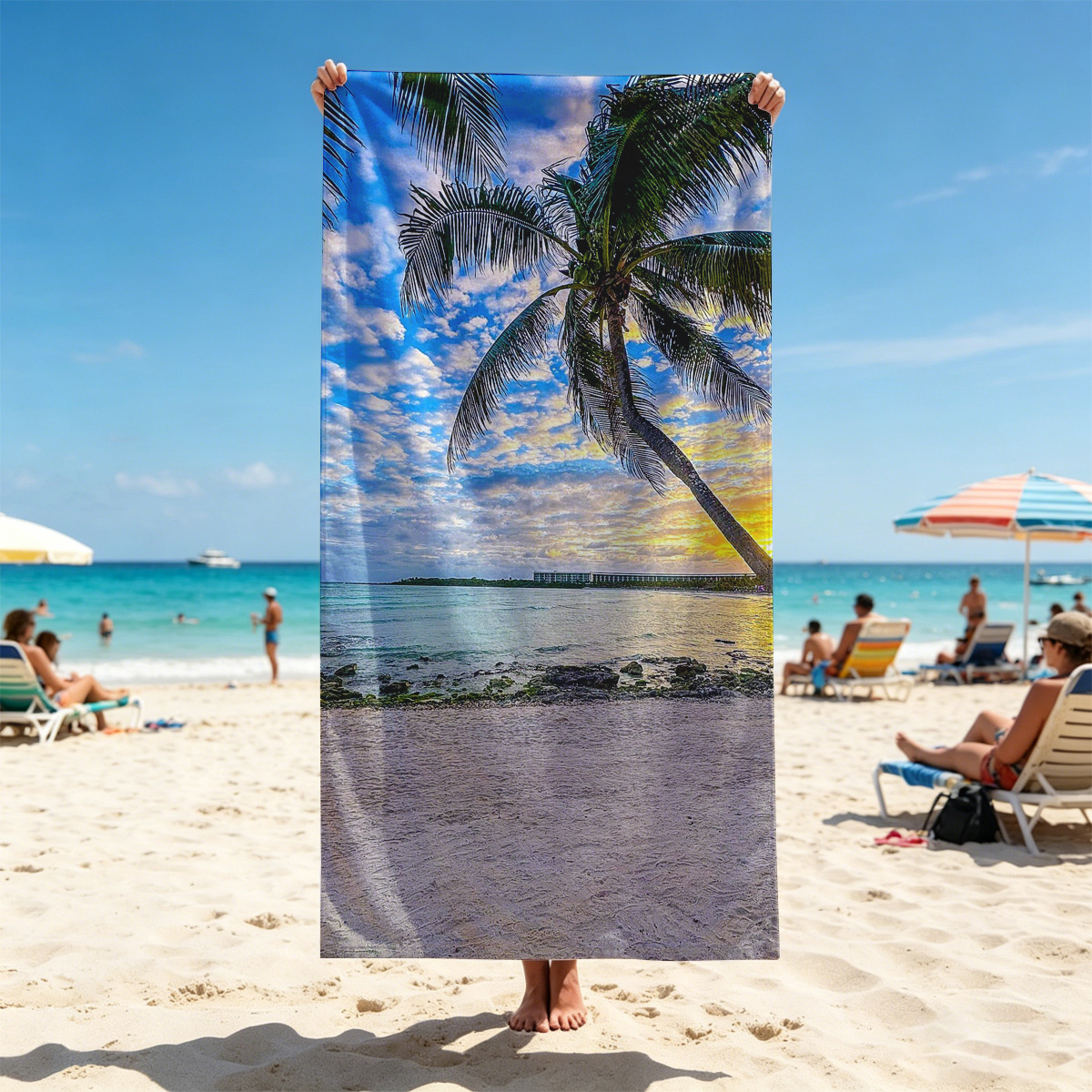 Tropical beach at sunset with palm tree and calm sea - Beach towels
