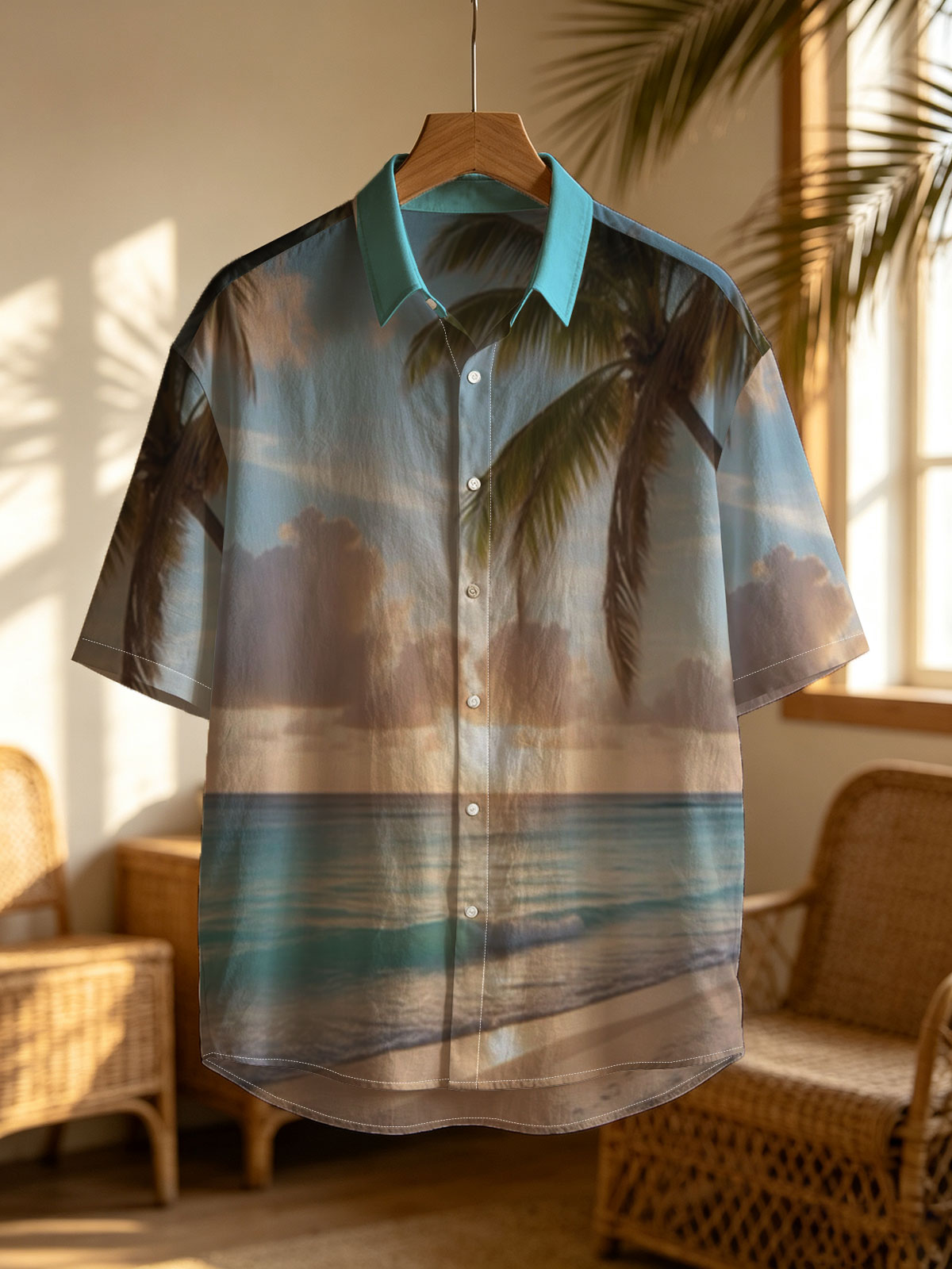 Sunset on a tropical beach with palm trees and calm ocean waves. -  Shirt