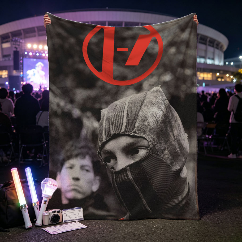 Linkin Park Band Member in Black and White with Red Logo and Balaclava Scene - Blankets