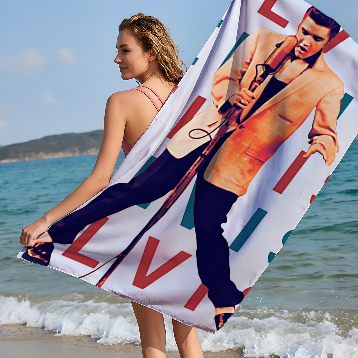 Elvis Presley Performing on Stage with Microphone - Beach towels