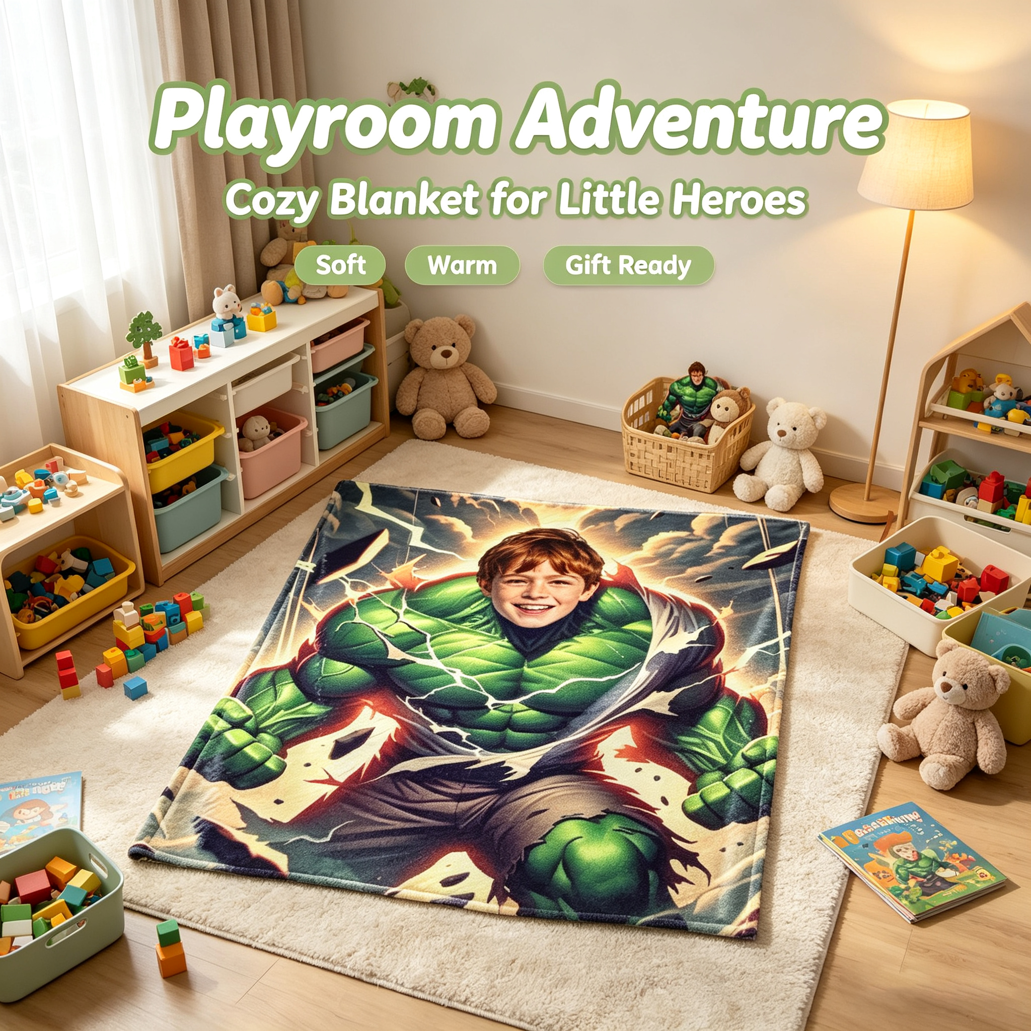 Custom Incredible Hulk Personalized Photo Flannel Blanket, Upload Kid Face Superhero 280GSM Throw Blanket, Unique Birthday Gift for Boys