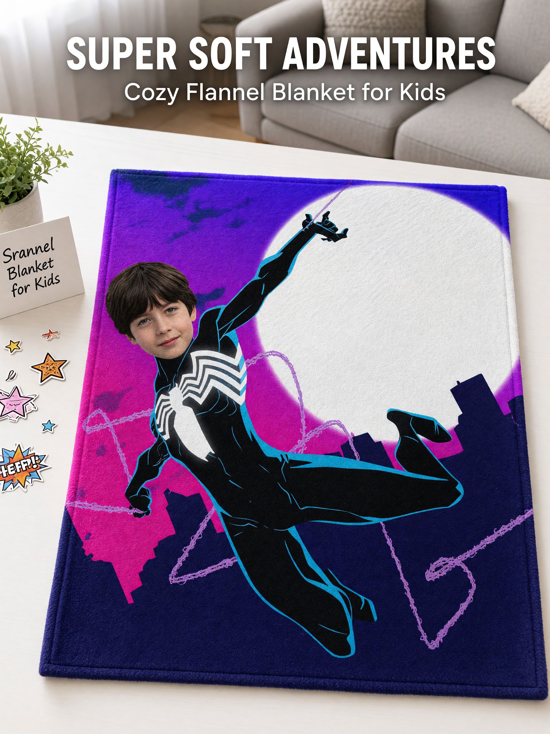 Custom Face Superhero Flannel Blanket, Personalized Photo Comic Night City Velvet Fleece Throw, Ideal Customized Gift