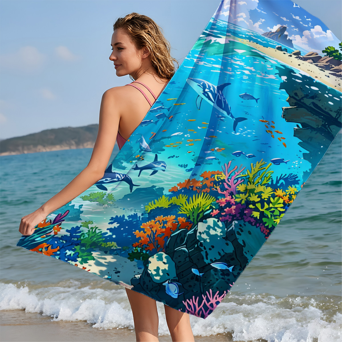 Vibrant Coral Reef with Dolphins and Tropical Fish - Beach towels