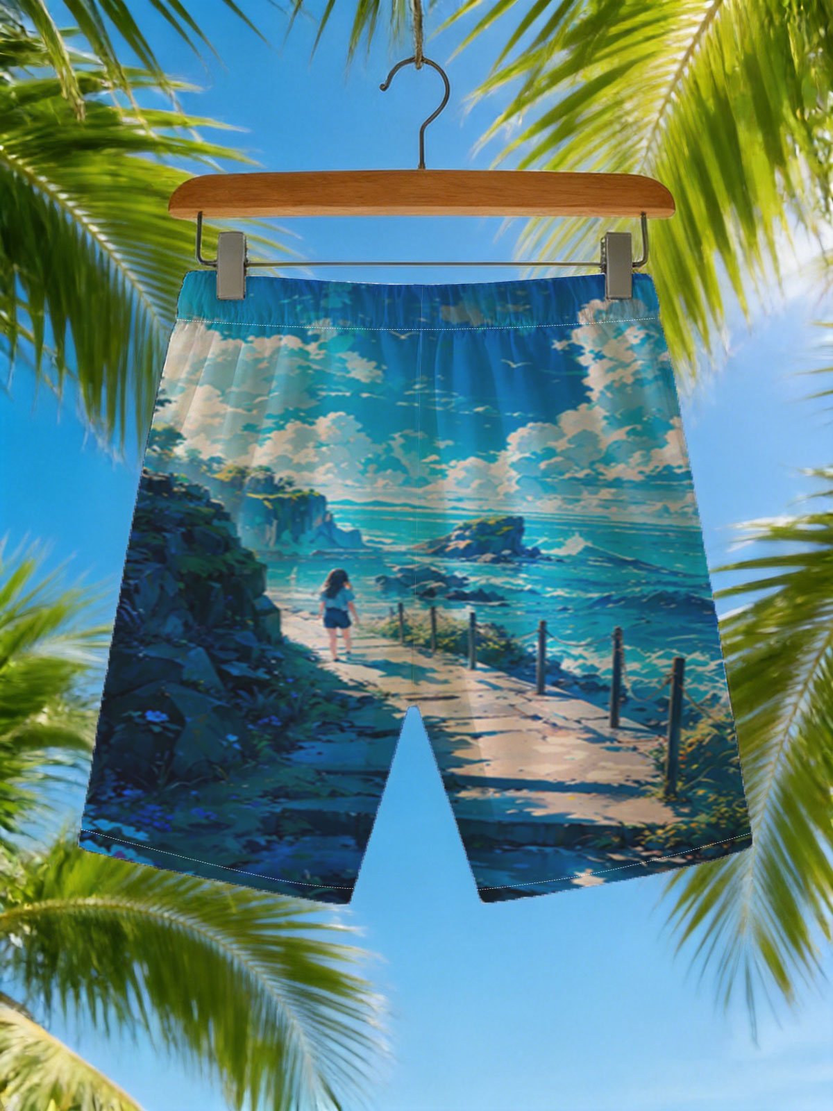 Girl walking on coastal path overlooking turquoise sea and rocky cliffs under bright blue sky -  Beach shorts