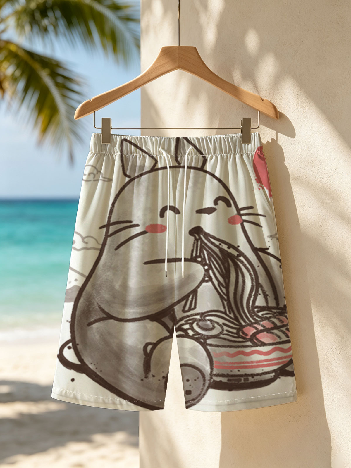Totoro Enjoying Ramen Under a Red Moon -  Beach shorts
