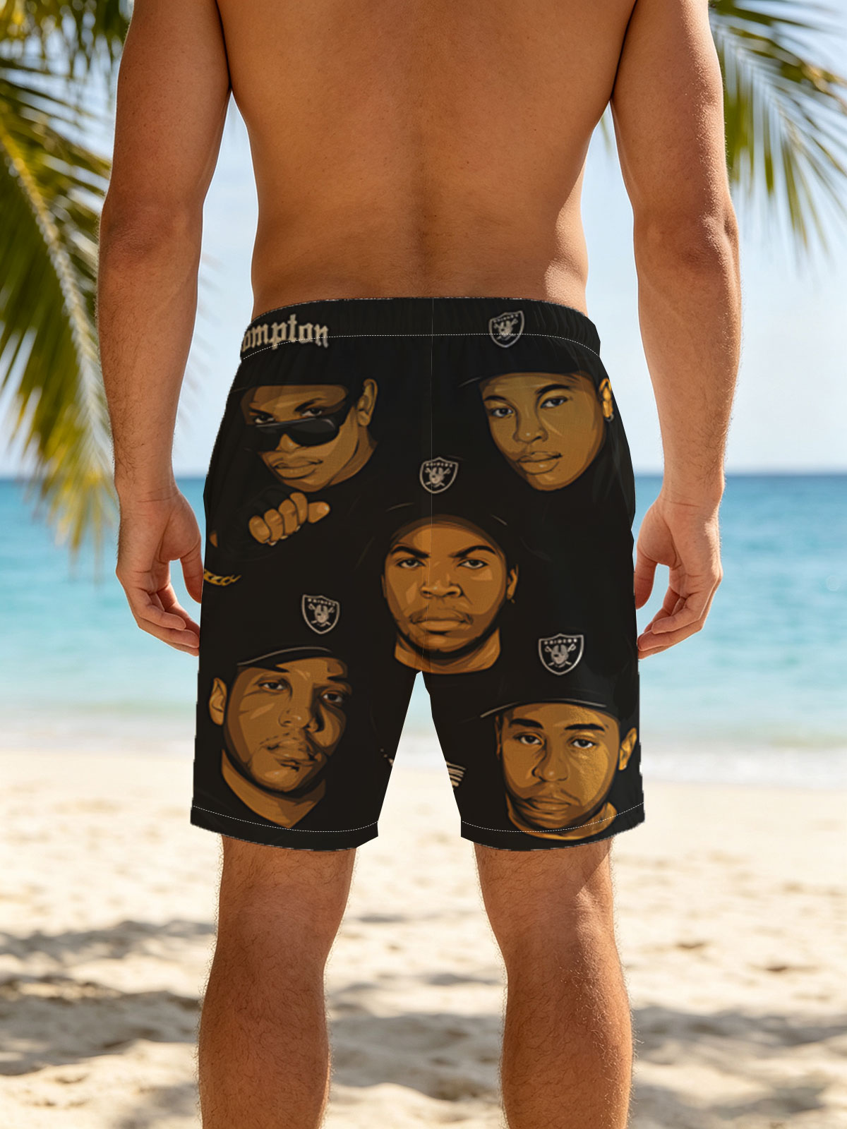 N.W.A. Members in Compton Style: Ice Cube, Dr. Dre, Eazy-E, MC Ren, DJ Yella -  Beach shorts