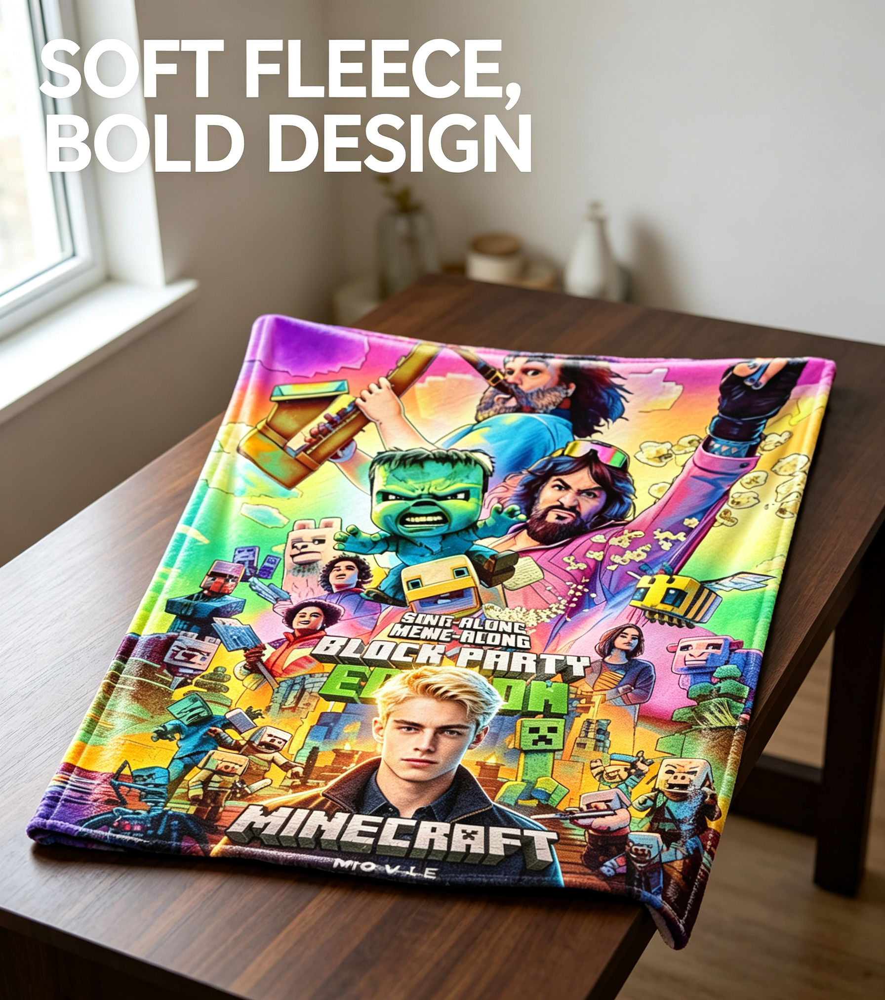 Custom Face Blanket Minecraft Movie Character Flannel Blanket Perfect for Kids and Fans Cozy Bedding Gift or Giveaway