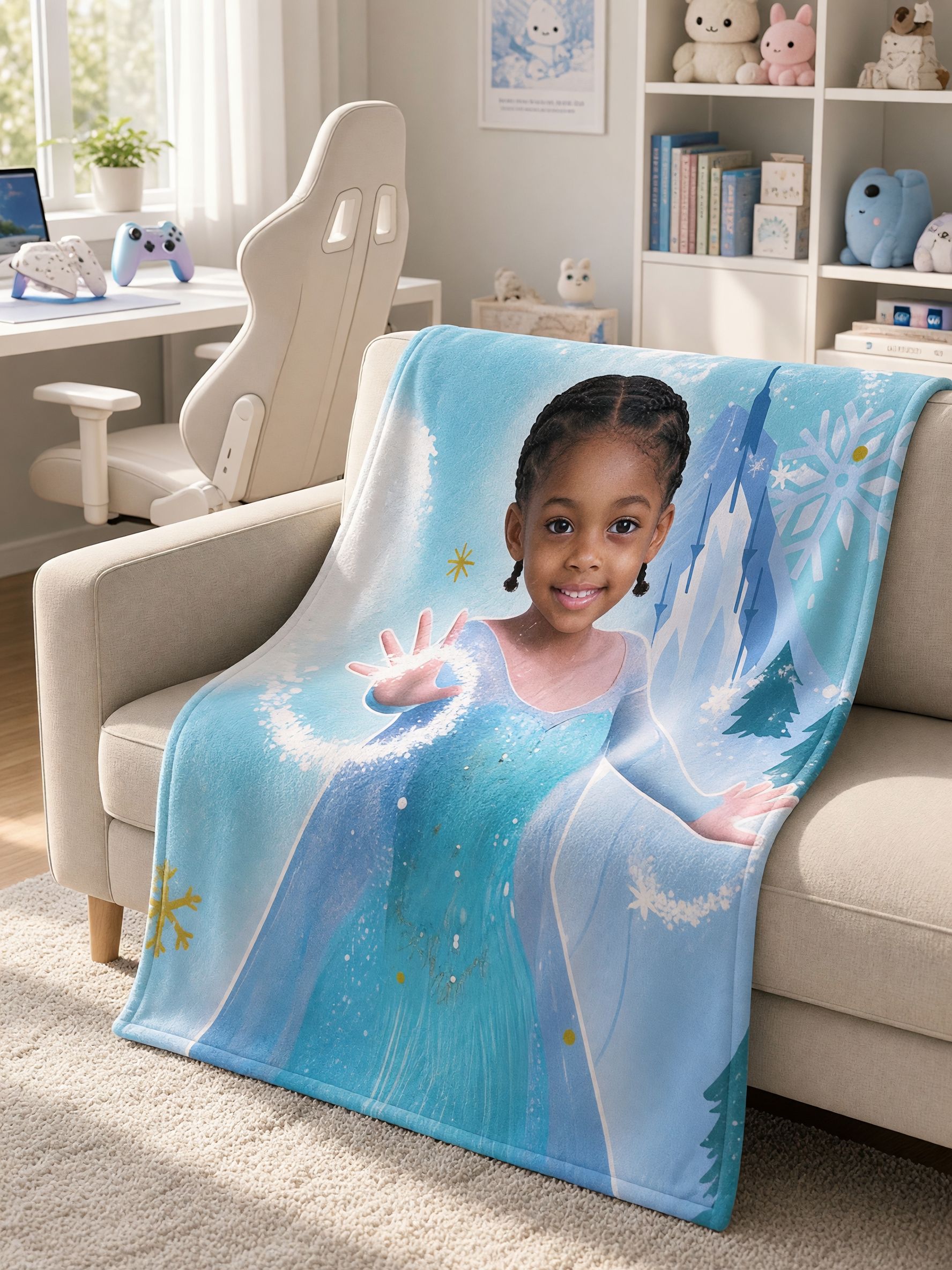 Custom Face Blanket Personalized Ice Princess Flannel Fleece Throw Soft Warm Anti-Pilling Kids Photo Gift for Couch Bed