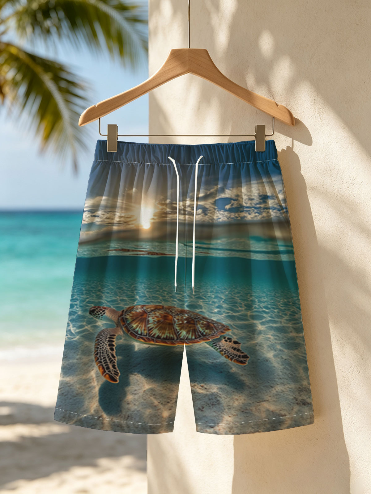 Sea Turtle Swimming in Clear Blue Waters Under Sunlight -  Beach shorts