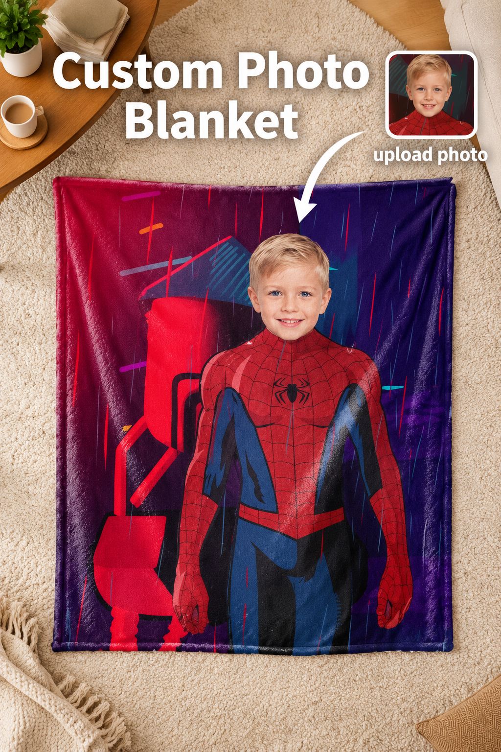 Custom Photo Face Superhero Flannel Fleece Blanket, Ultra Soft Personalized Bed Couch Throw Keepsake Gift for Kids Boys