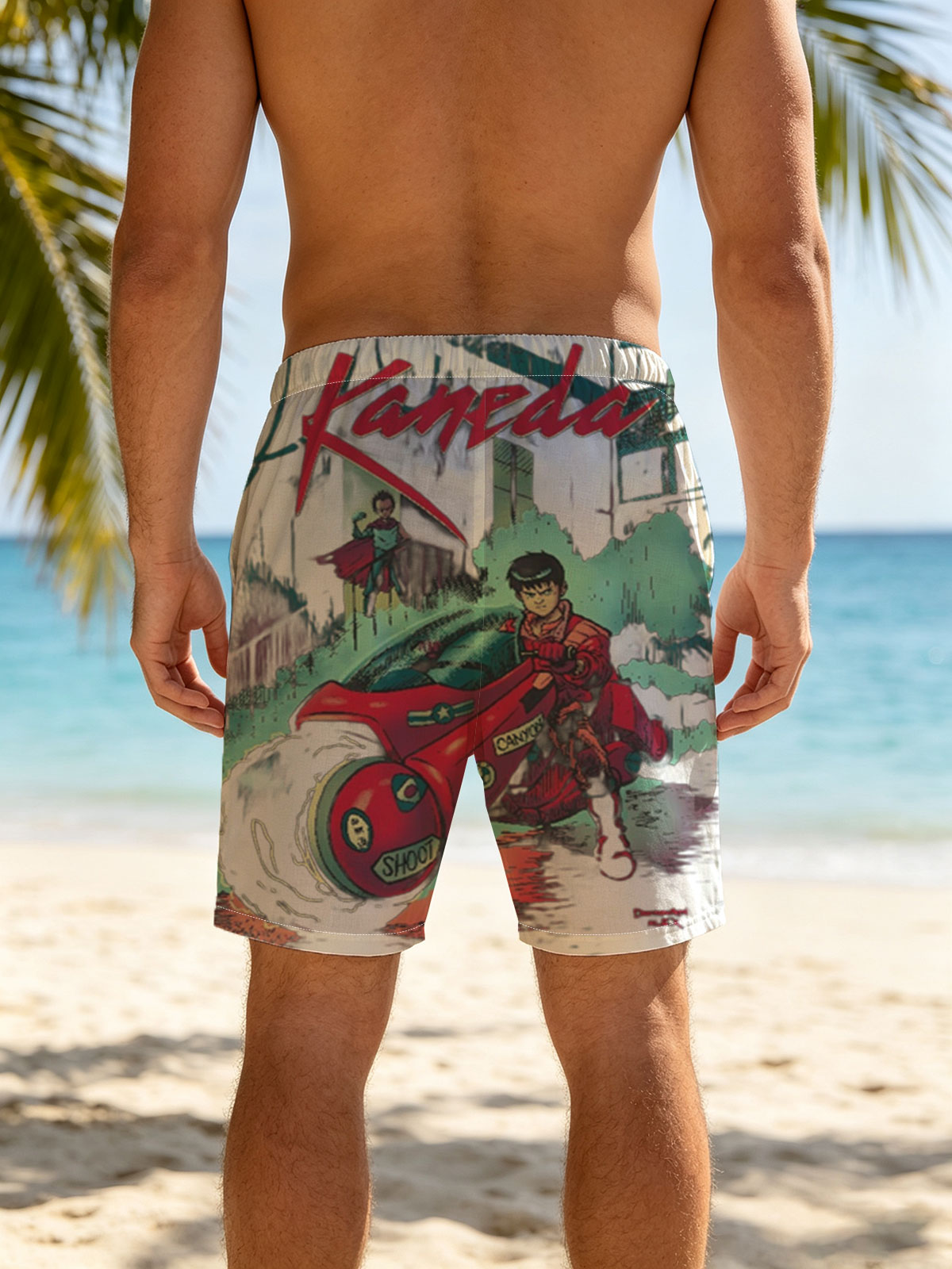 Kaneda on Red Motorcycle with Future City Background -  Beach shorts