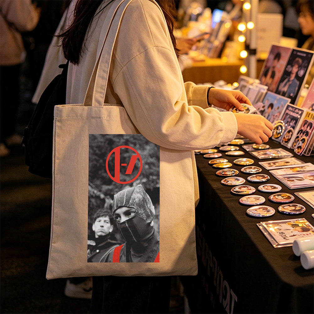 Linkin Park Band Member in Black and White with Red Logo and Balaclava Scene - Canvas tote bags