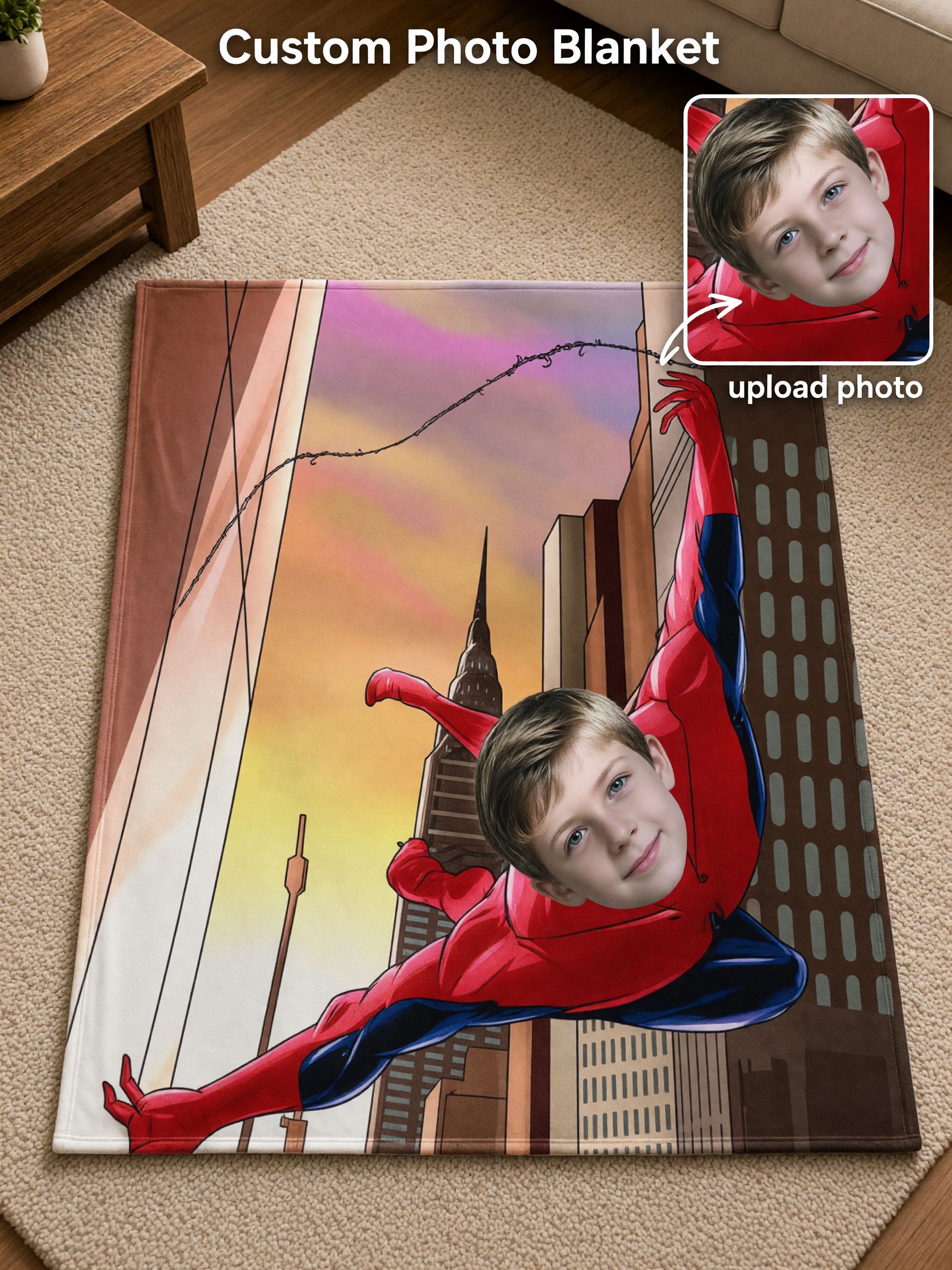 Custom Photo Face Superhero Blanket Personalized Cozy Flannel Fleece Throw for Kids Bedroom and Couch
