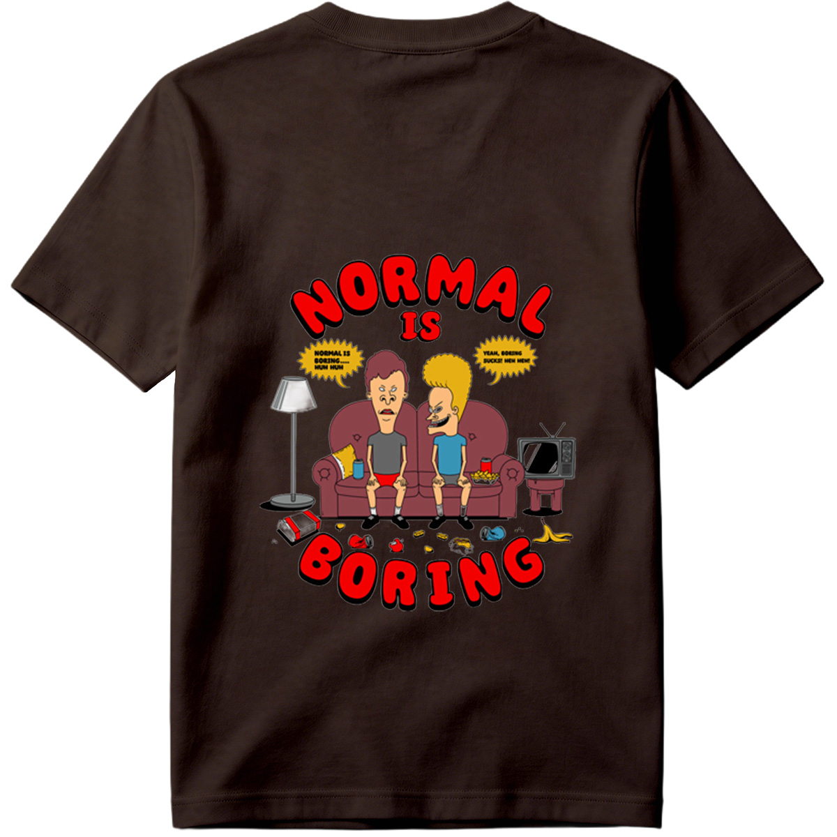 Normal Is Boring: Two Cartoon Characters on Couch with Chaos Around - Tee