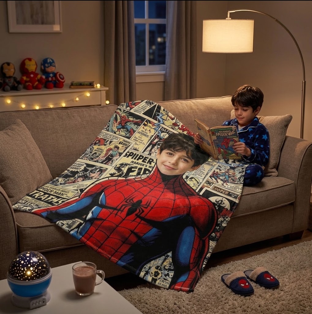 Personalized Upload Photo Blanket, Custom Spider‑Man Superhero Portrait Throw Blanket, 280GSM Soft Flannel Blanket, Unique Birthday Holiday Gift for Boys, for Bedroom Couch Camping Travel