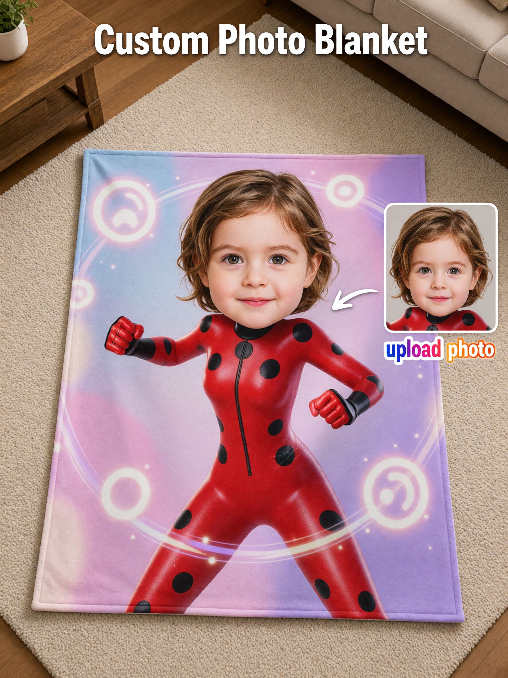 Custom Face Photo Blanket, Soft Flannel Superhero Throw, Warm Personalized Keepsake Bed Couch Gift for Kids and Family