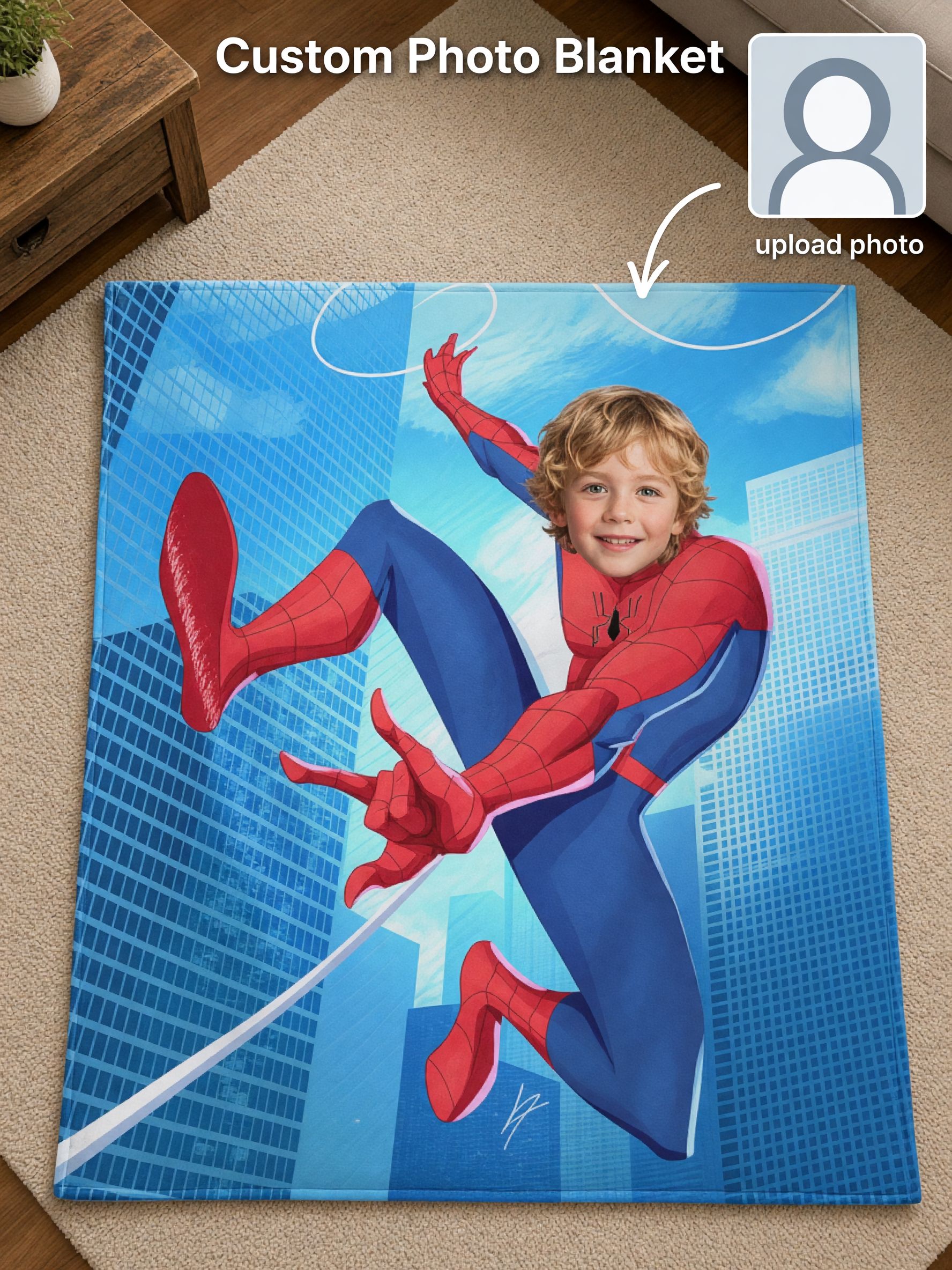 Personalized Superhero Photo Flannel Throw Blanket Custom Face Cozy Plush Bed Fleece for Kids Boys Girls Birthday Gift