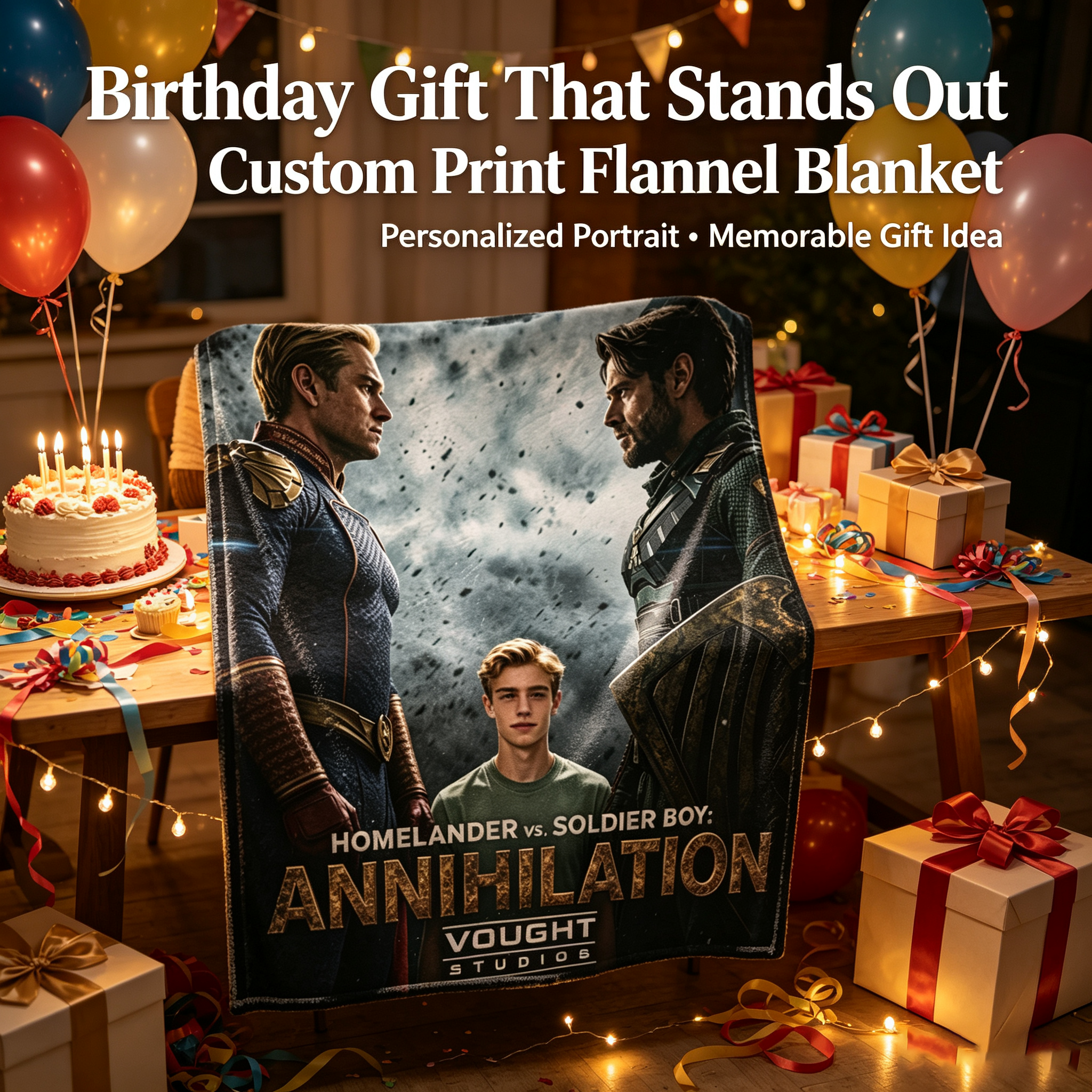 Custom Face Blanket The Boys Homelander vs Soldier Boy Annihilation Flannel Blanket for Fans Movie Poster Design Cozy Bedding Gift or Giveaway