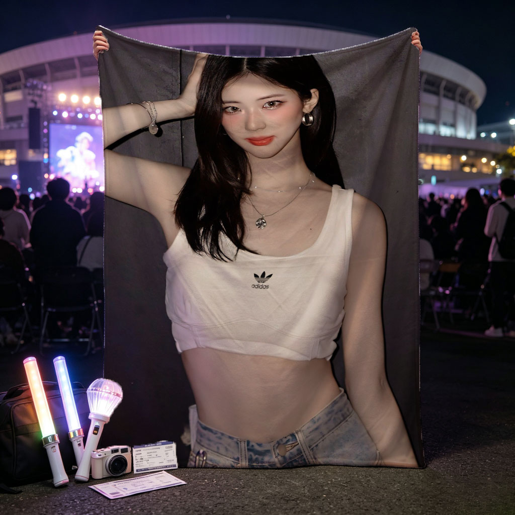 Korean Celebrity in Casual Outfit Wearing White Adidas Crop Top and High-Waisted Jeans Against Dark Background - Blankets