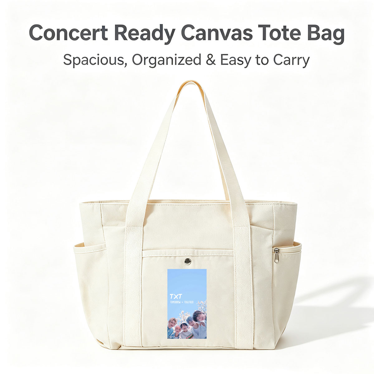 TXT Tomorrow x Together Members in a Spring Cherry Blossom Scene Under a Clear Blue Sky - Multi-pocket bags