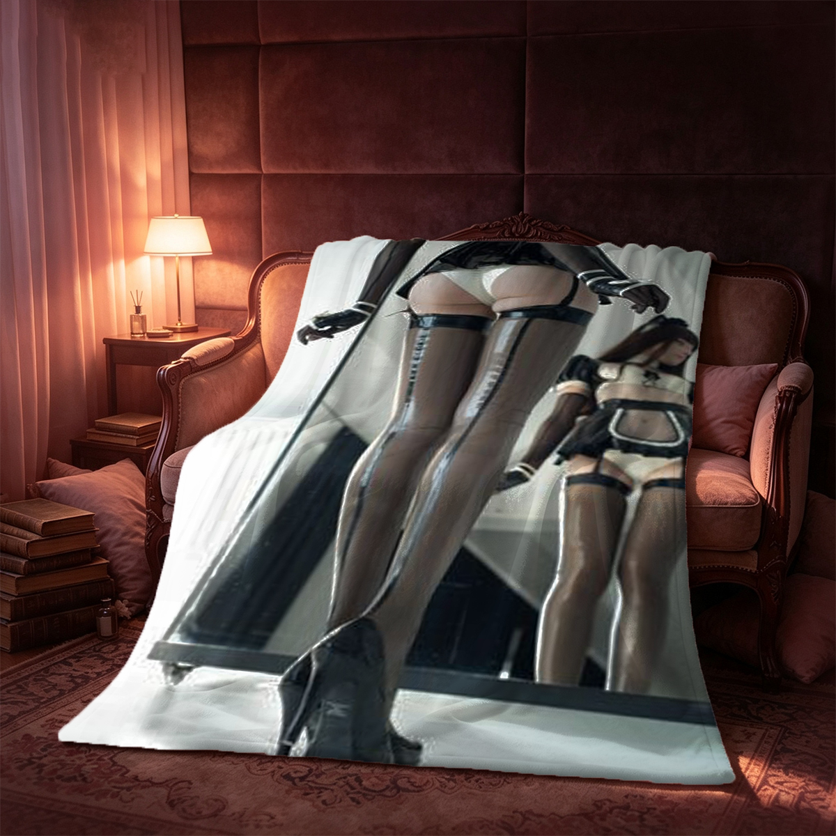 Ava Chen in Gold Chain Lingerie Sitting Seductively on Bed - Blanket
