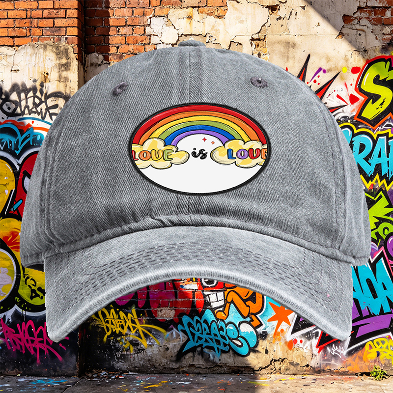 Unisex Classic Washed Hat with Rainbow Love is Love Print | Casual Streetwear Cap for LGBTQ+ Pride & Everyday Wear | Perfect for Adults Seeking Inclusive Fashion Statements