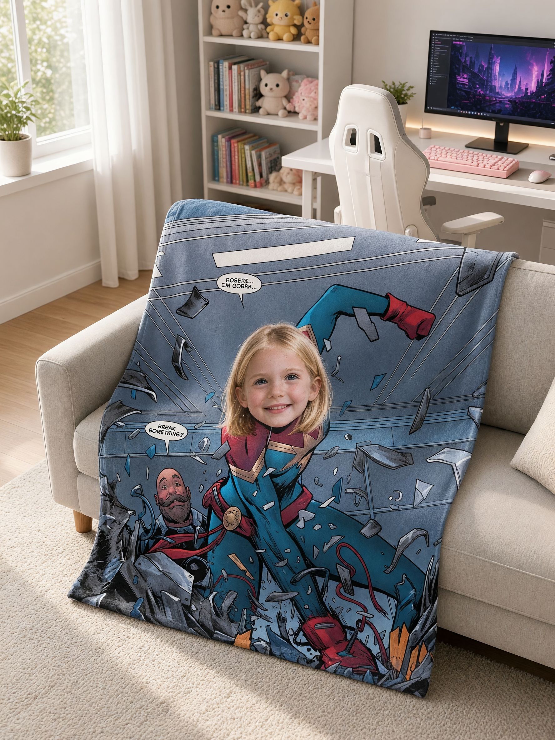 Custom Face Blanket Personalized Superhero Comic Flannel Throw Blanket for Kids Adults, Ideal Cozy Photo Gift