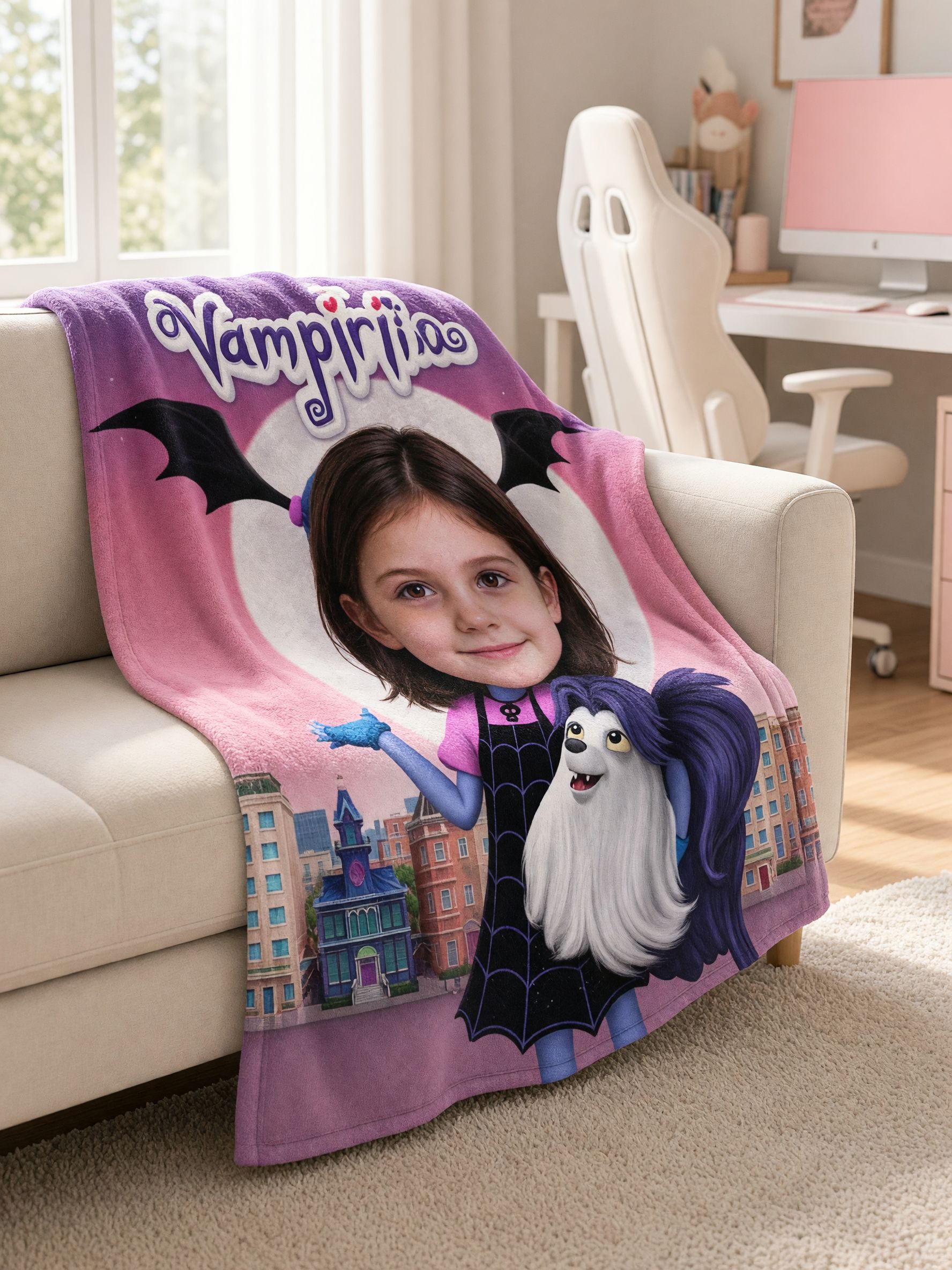 Personalized Photo Face Blanket Custom Cartoon Vampire Flannel Fleece Throw Cozy Birthday Gift for Kids and Family