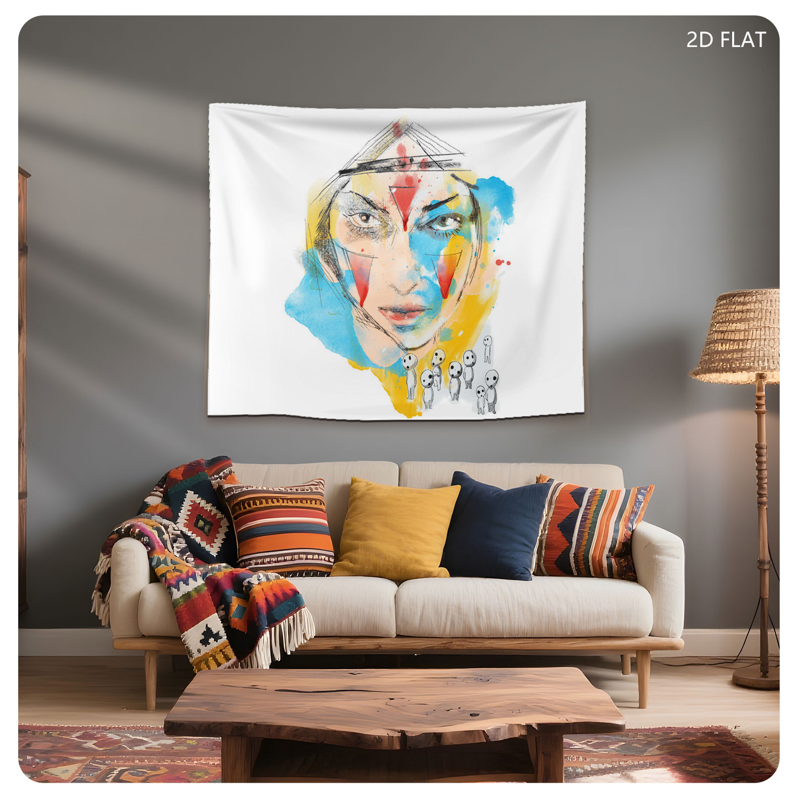 Abstract Portrait with Colorful Geometric Patterns and Miniature Figures - Tapestry