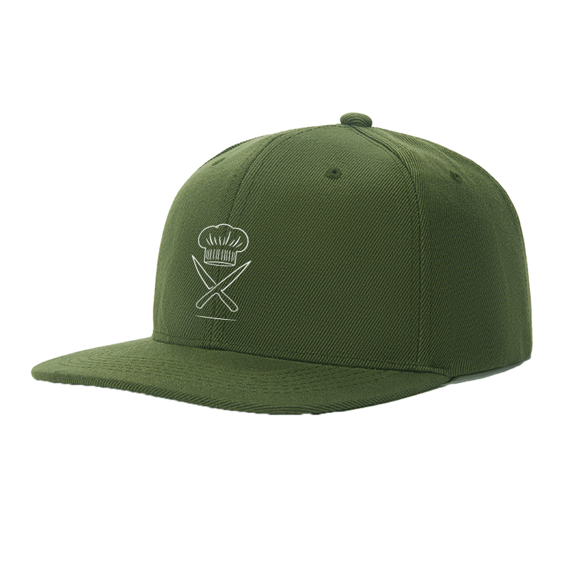 Flat Brim Baseball Cap Chef Hat Crossed Knives Print Streetwear Underground Skate Style for Urban Cooking Enthusiasts and Foodie Skaters in City Streets and Food Markets