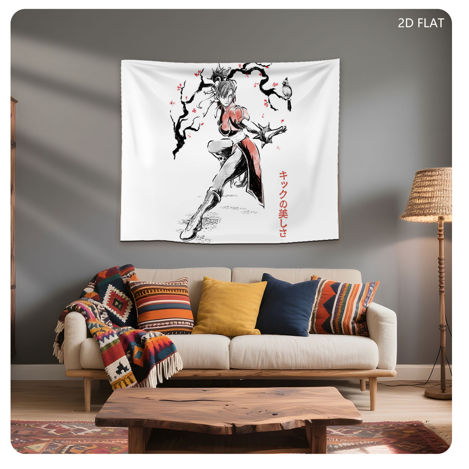 Chun-Li from Street Fighter in a dynamic kick pose with cherry blossoms and a bird, showcasing martial arts elegance - Tapestry
